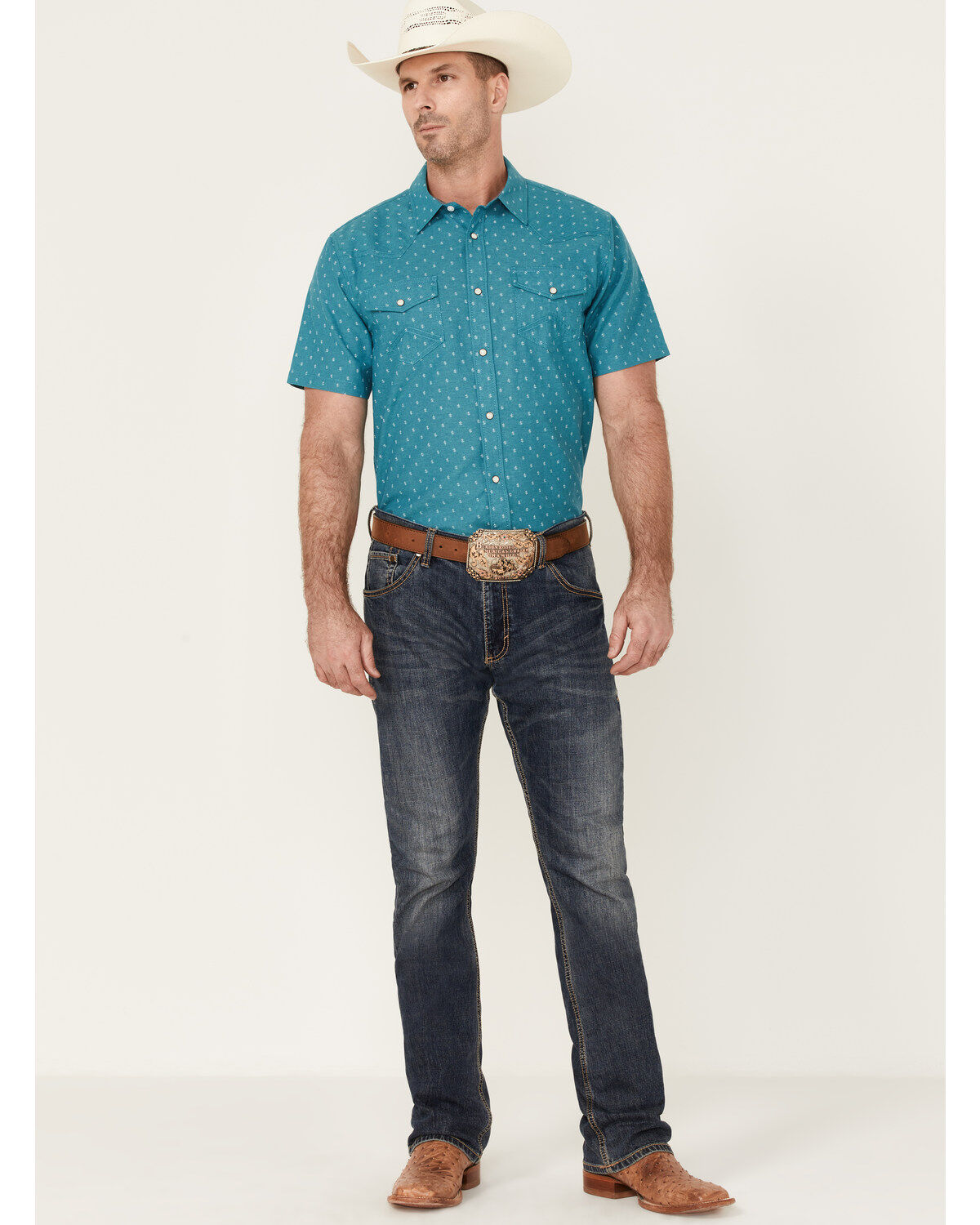 Men's Cody James Field Day Chambray Geo Print Short Sleeve Snap Wester