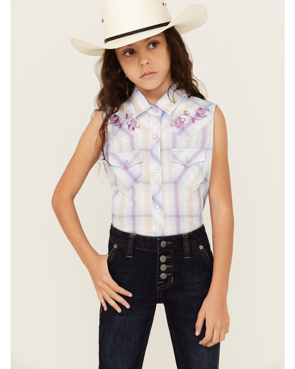 Girls' Ely Walker Plaid Print Embroidered Sleeveless Pearl Snap Wester