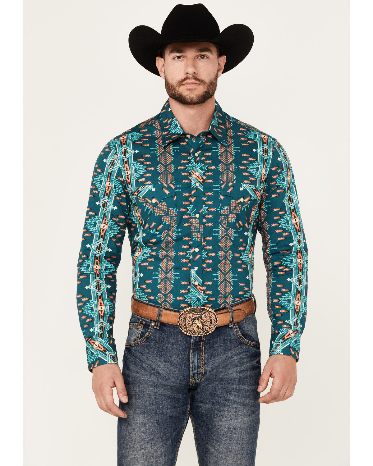 Men's Rock & Roll Denim Southwestern Print Stretch Long Sleeve Snap We