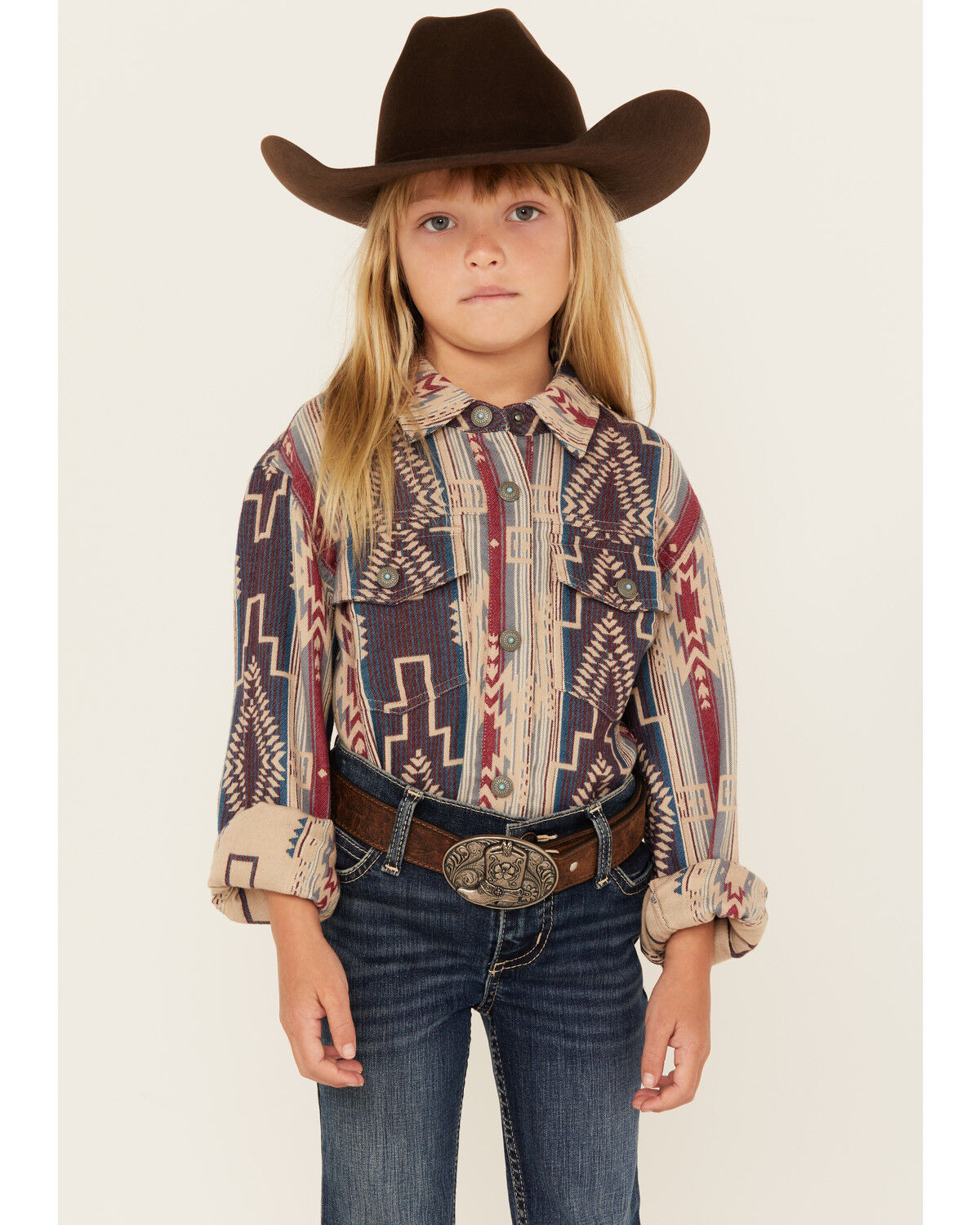 Girls' Shyanne Southwestern Striped Print Long Sleeve Snap Shacket