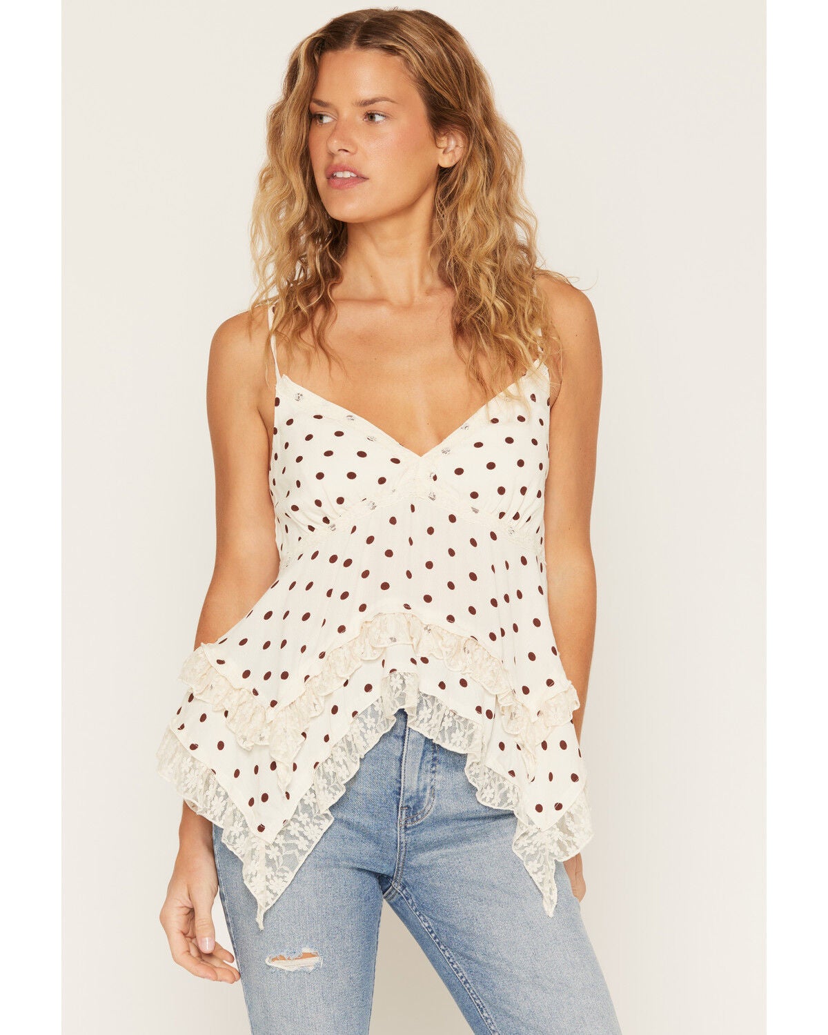 Women's Wild Moss Polka Dot Lace Hanky Hem Sleeveless Top