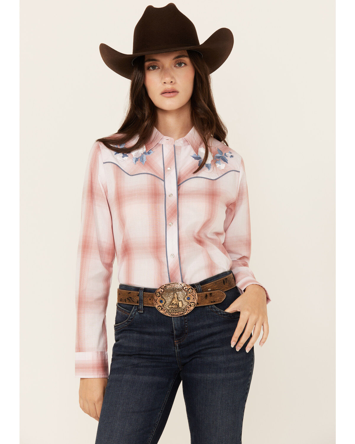 Women's Ely Walker Floral Embroidered Plaid Print Long Sleeve Pearl Sn