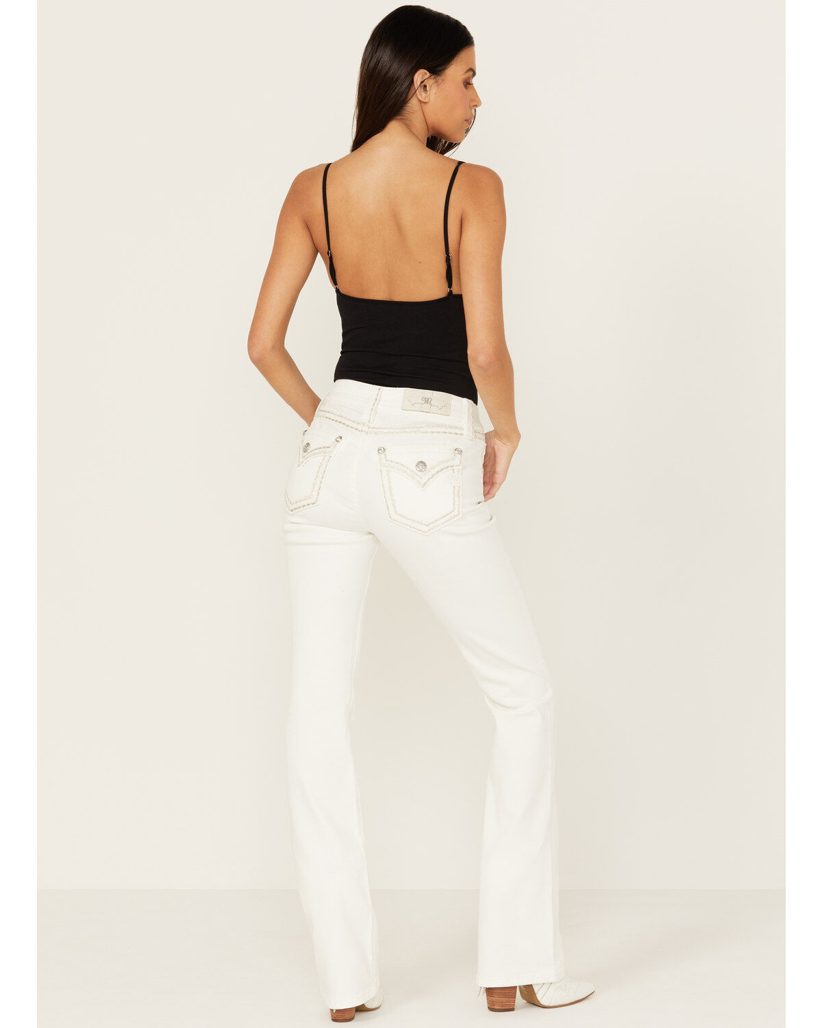 Women's Miss Me Mid Rise Whipstitch Border Pocket Bootcut Stretch Deni