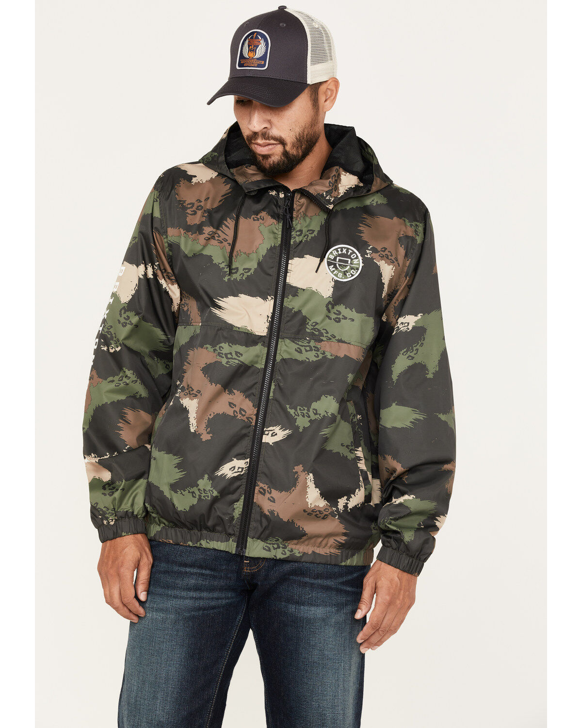 Men's Brixton Camo Print Claxton Crest Logo Graphic Hooded Zip Jacket