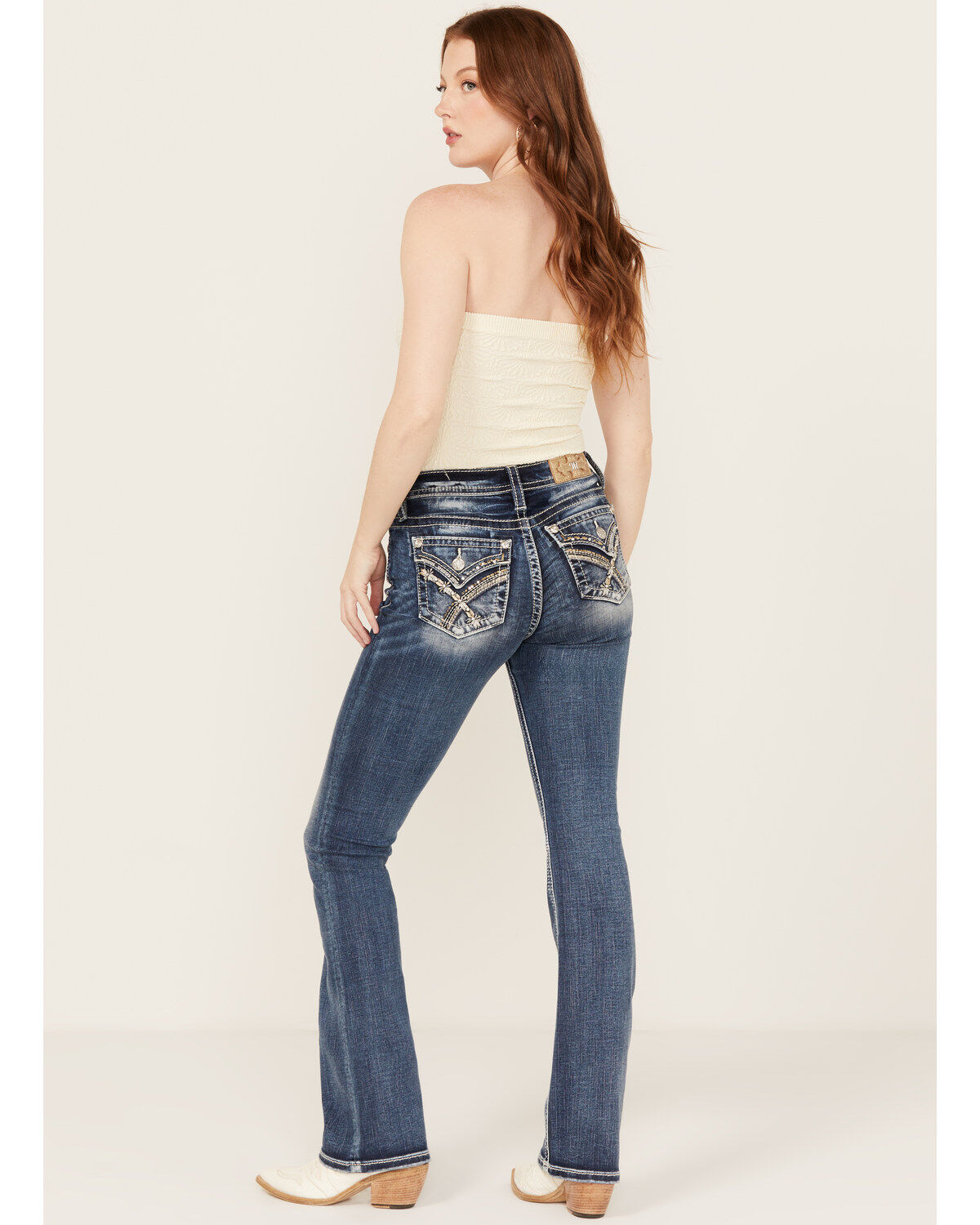 Women's Miss Me Dark Wash Braided Pocket Bootcut Stretch Denim Jeans