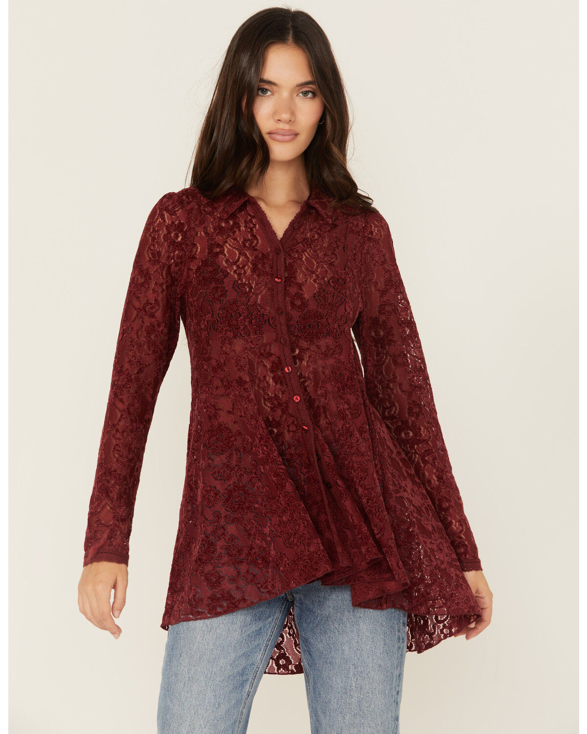 Women's Beyond The Radar Velvet Lace Long Sleeve Tunic
