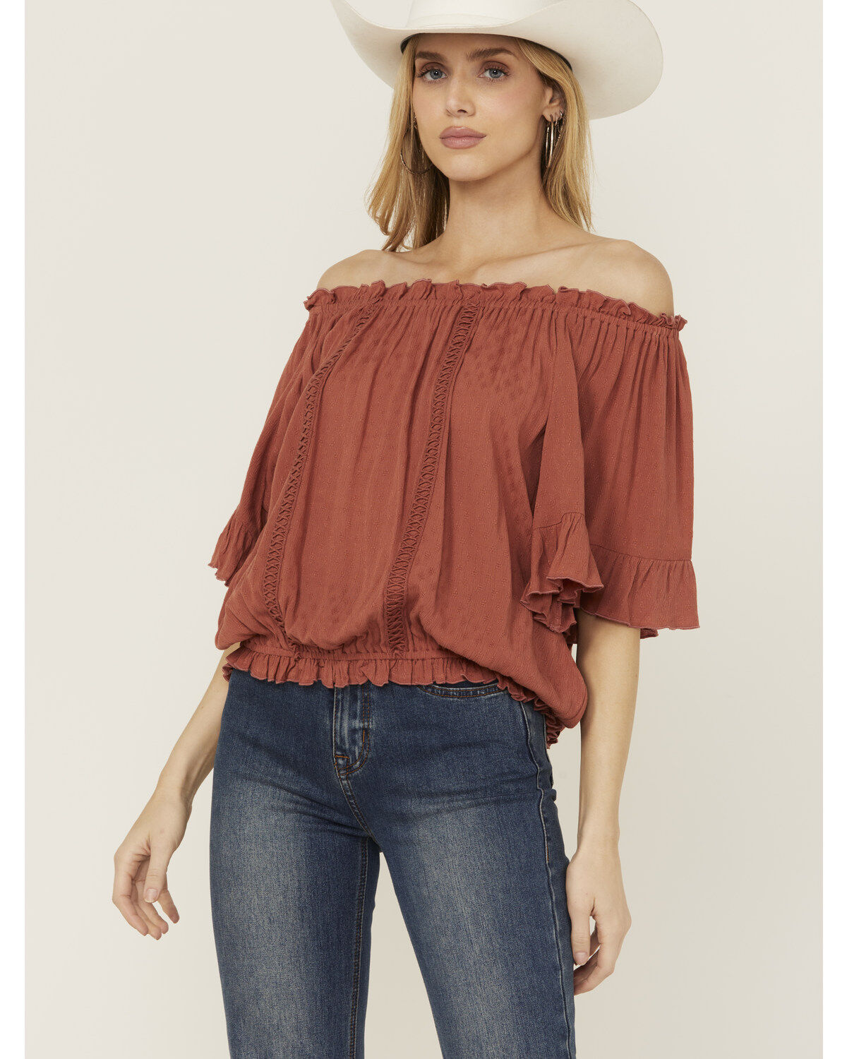 Women's Band Of The Free Solid Short Sleeve Off The Shoulder Blouse