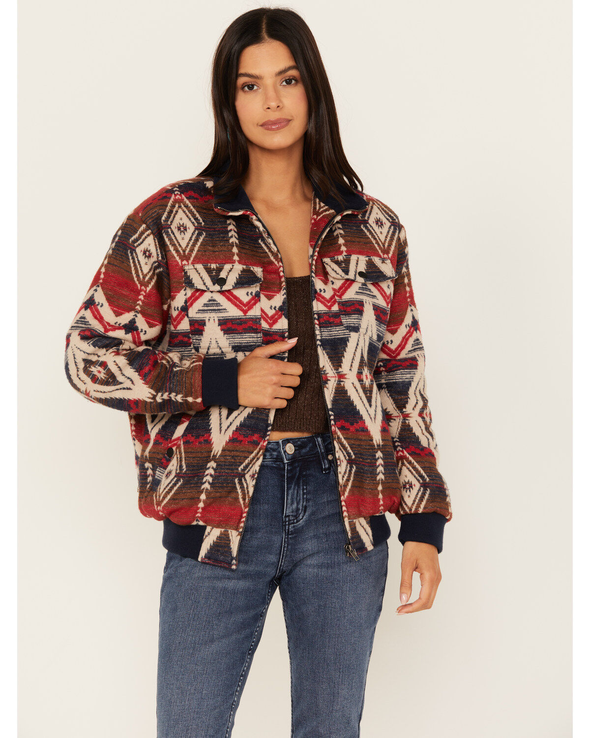 Women's Rock & Roll Denim Southwestern Print Bomber Jacket