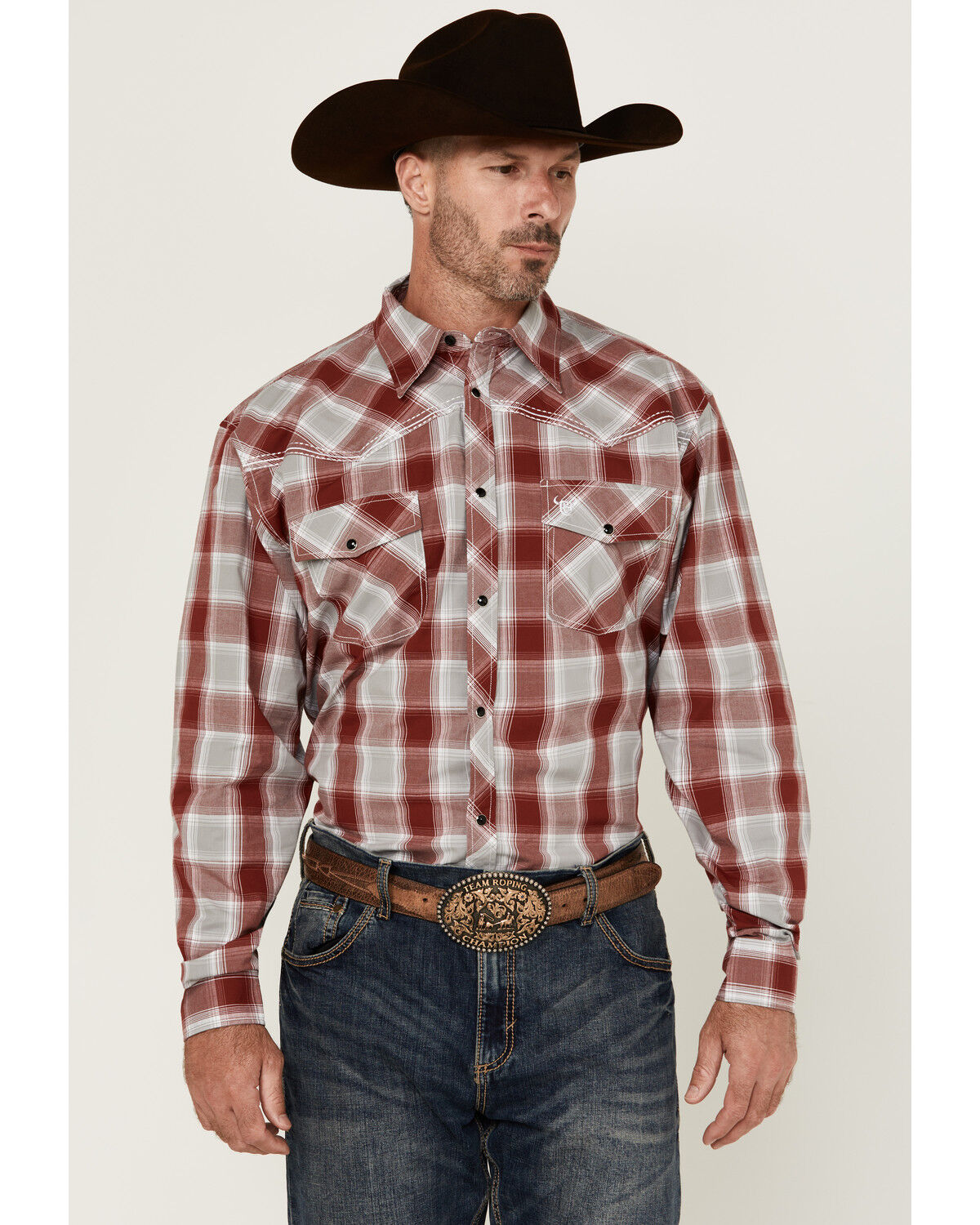 Men's Cowboy Hardware Plaid Print Long Sleeve Snap Western Shirt