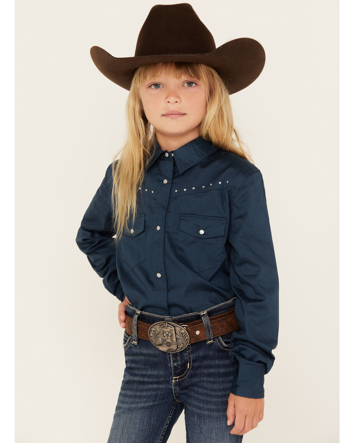 Girls' Shyanne Solid Rhinestone Long Sleeve Snap Stretch Western Shirt