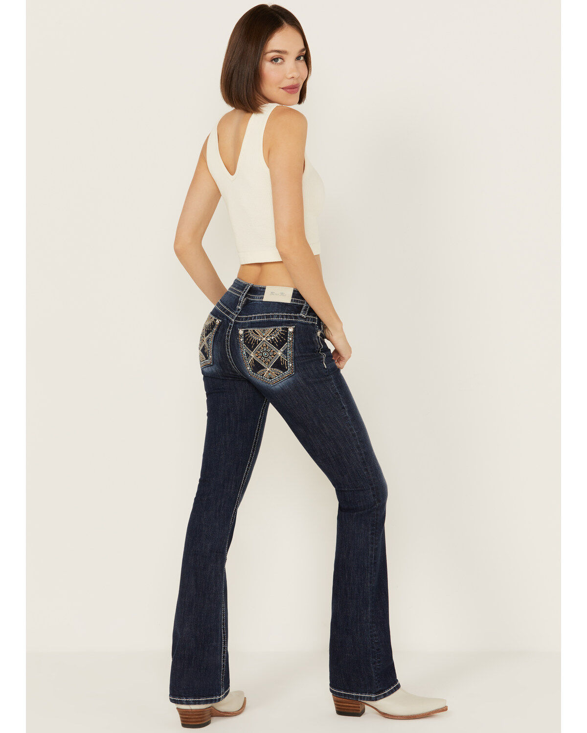 Women's Miss Me Dark Wash Mid Rise Patchwork Pocket Bootcut Stretch De