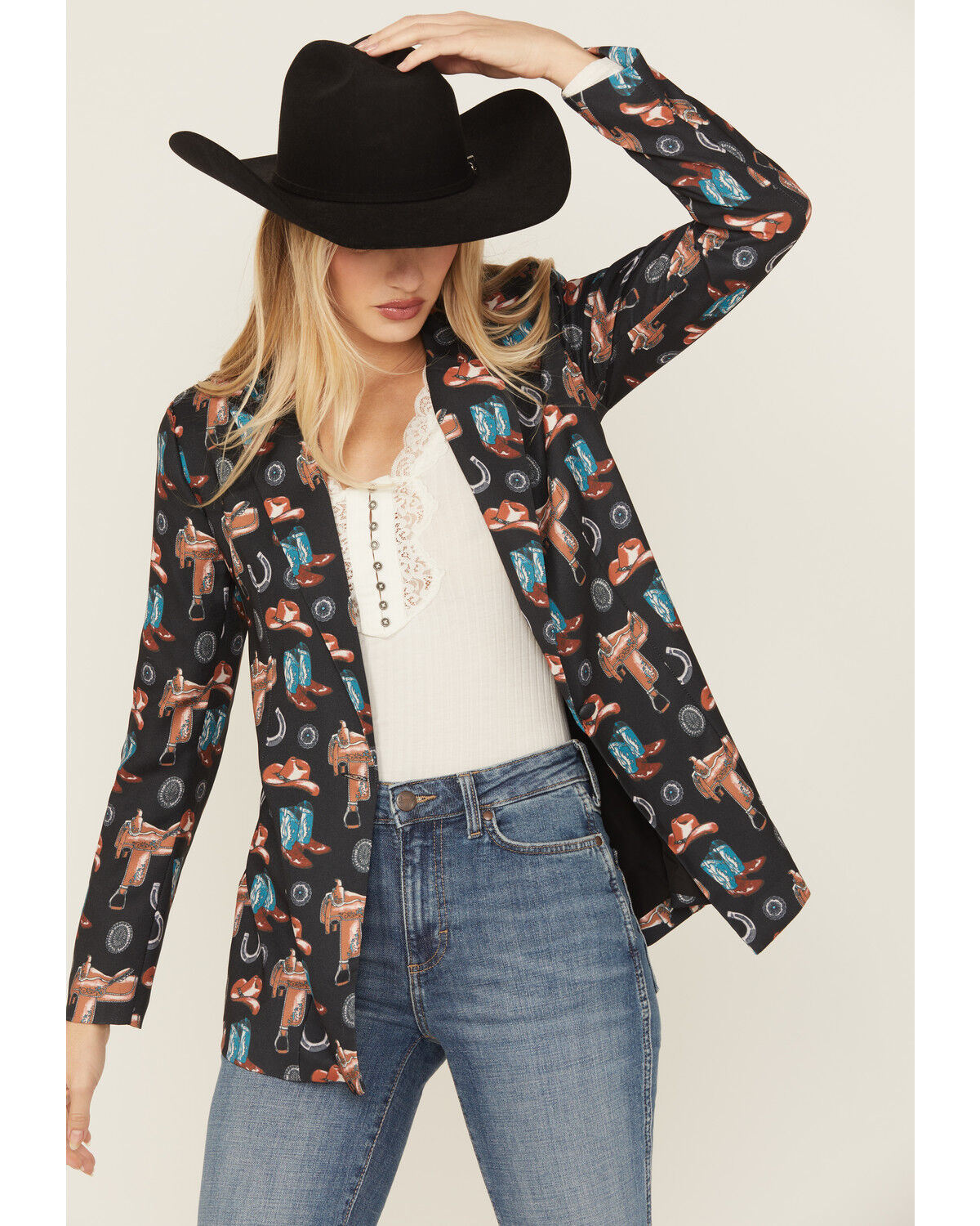 Women's Rock & Roll Denim Conversational Print Blazer