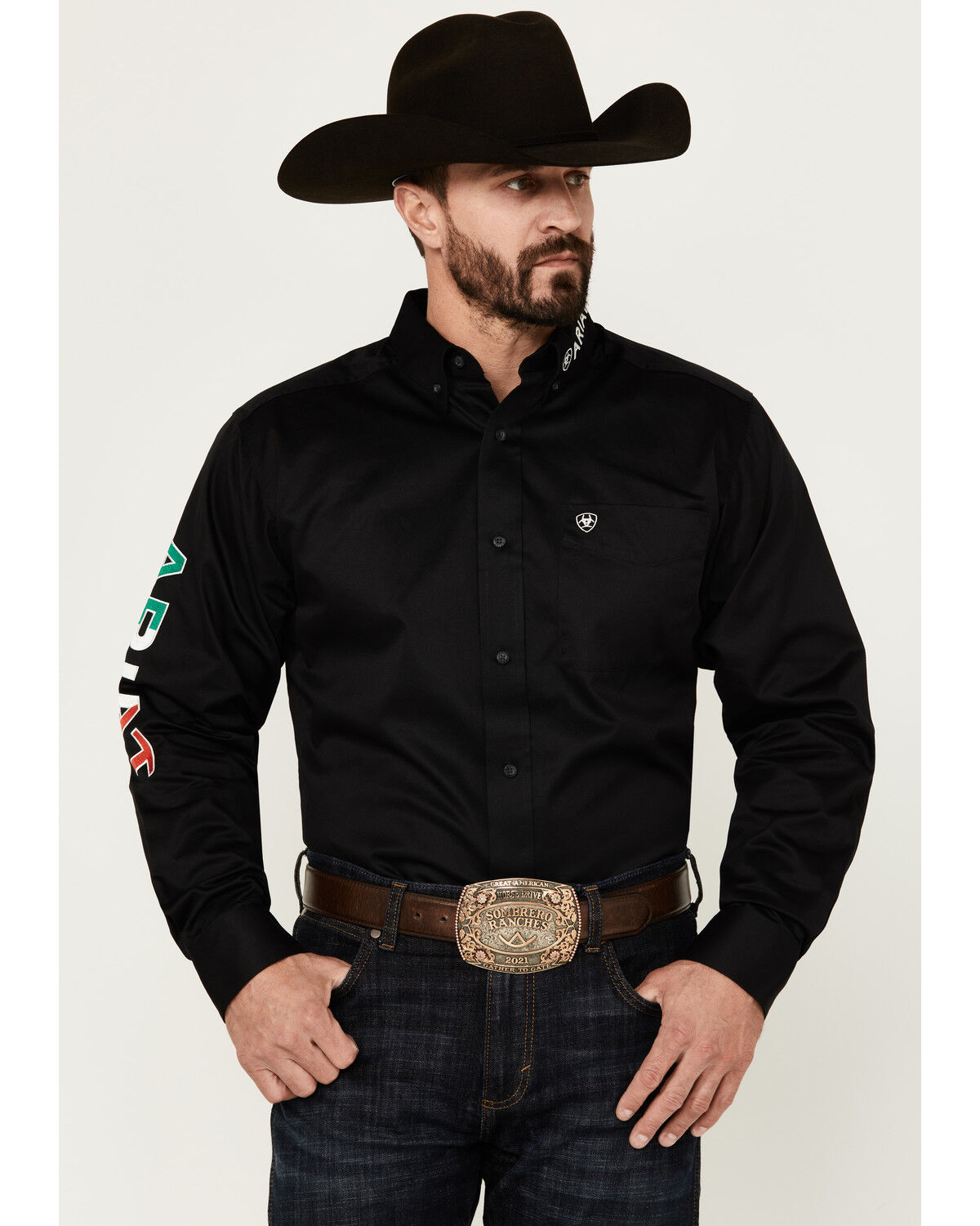 Men's Ariat Twill Fitted Team Mexico Solid Long Sleeve Button-Down Wes
