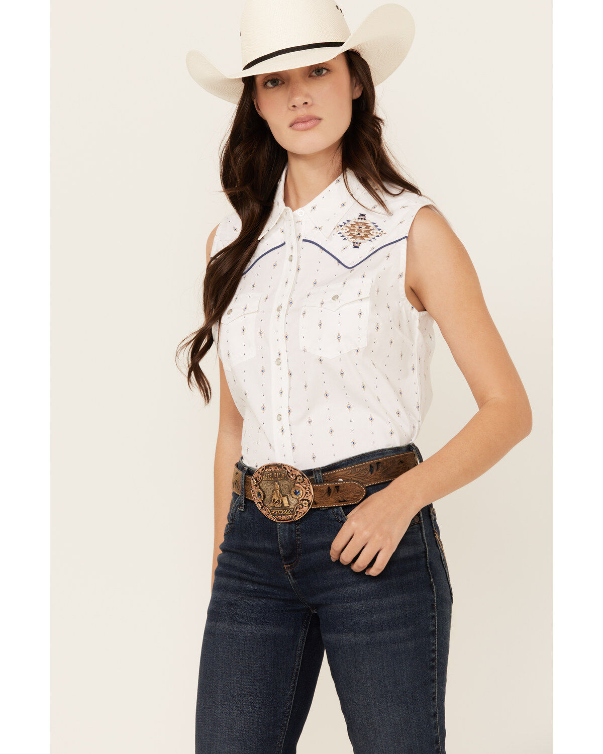 Women's Ely Walker Southwestern Print Sleeveless Pearl Snap Western Sh