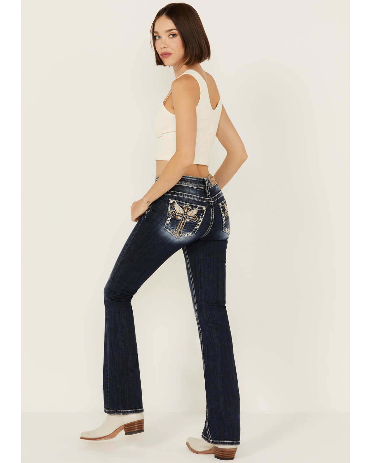 Women's Miss Me Dark Wash Mid Rise Angel Wing Cross Pocket Bootcut Str