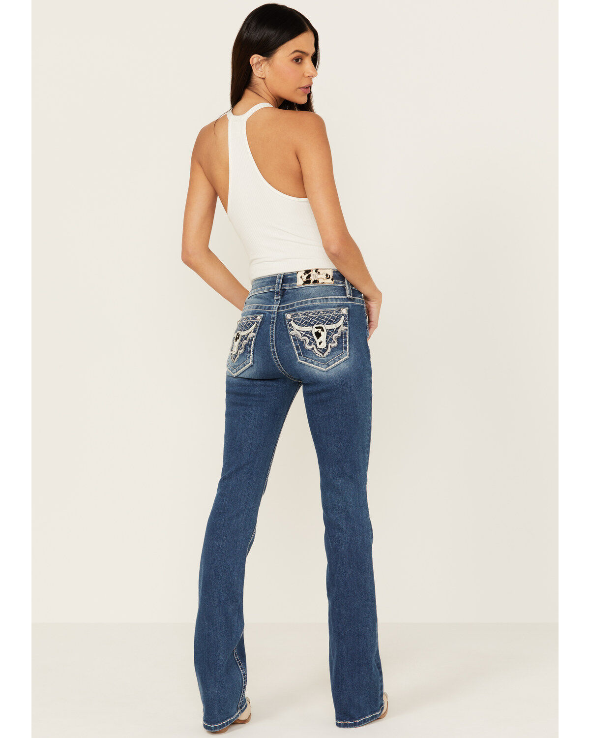 Women's Miss Me Dark Wash Mid Rise Faux Cowhide Longhorn Bootcut Stret
