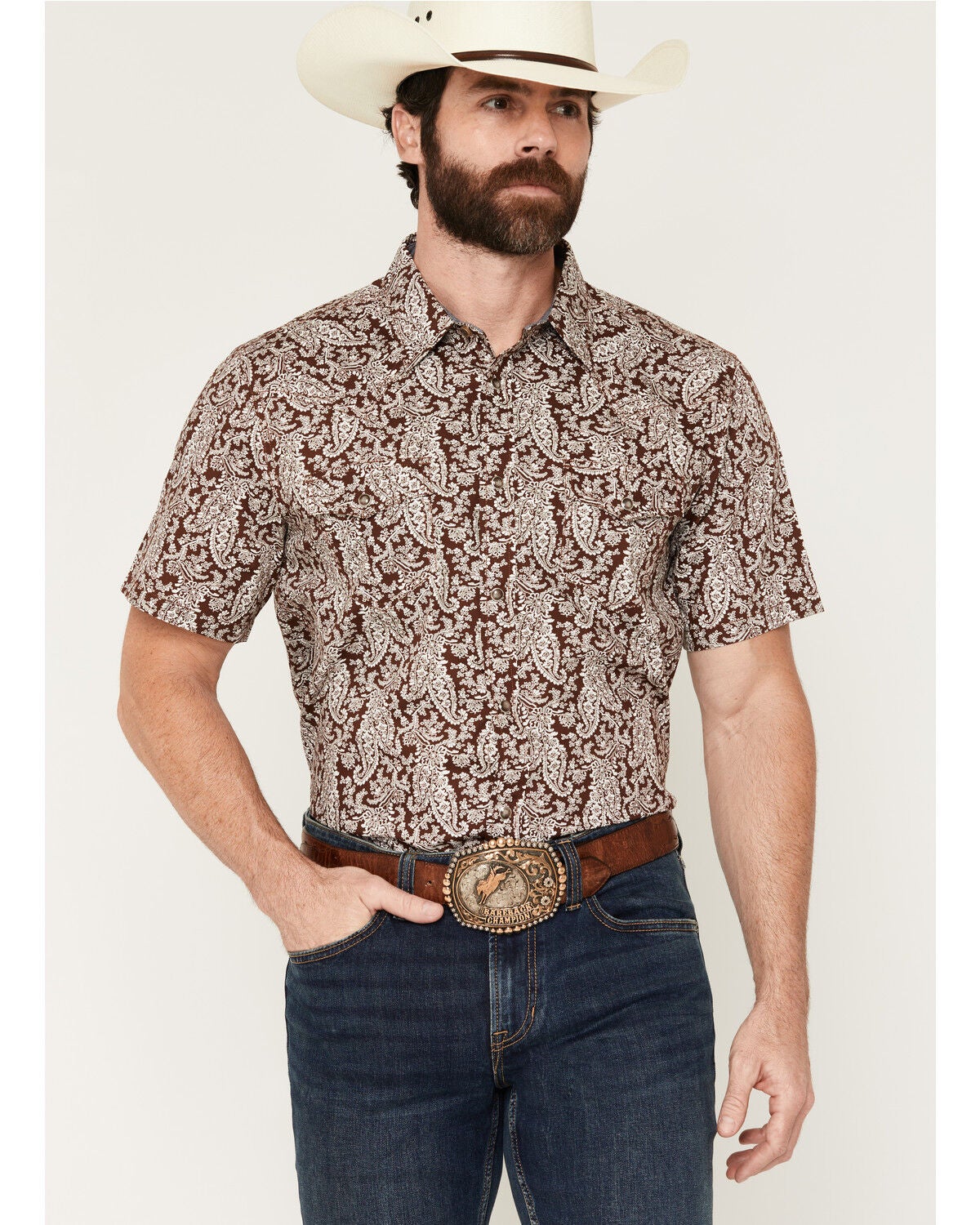 Cody James Men’s Rusted Gate Paisley Print Short Sleeve Snap Western Shirt in Brown – 100% Cotton Classic Fit