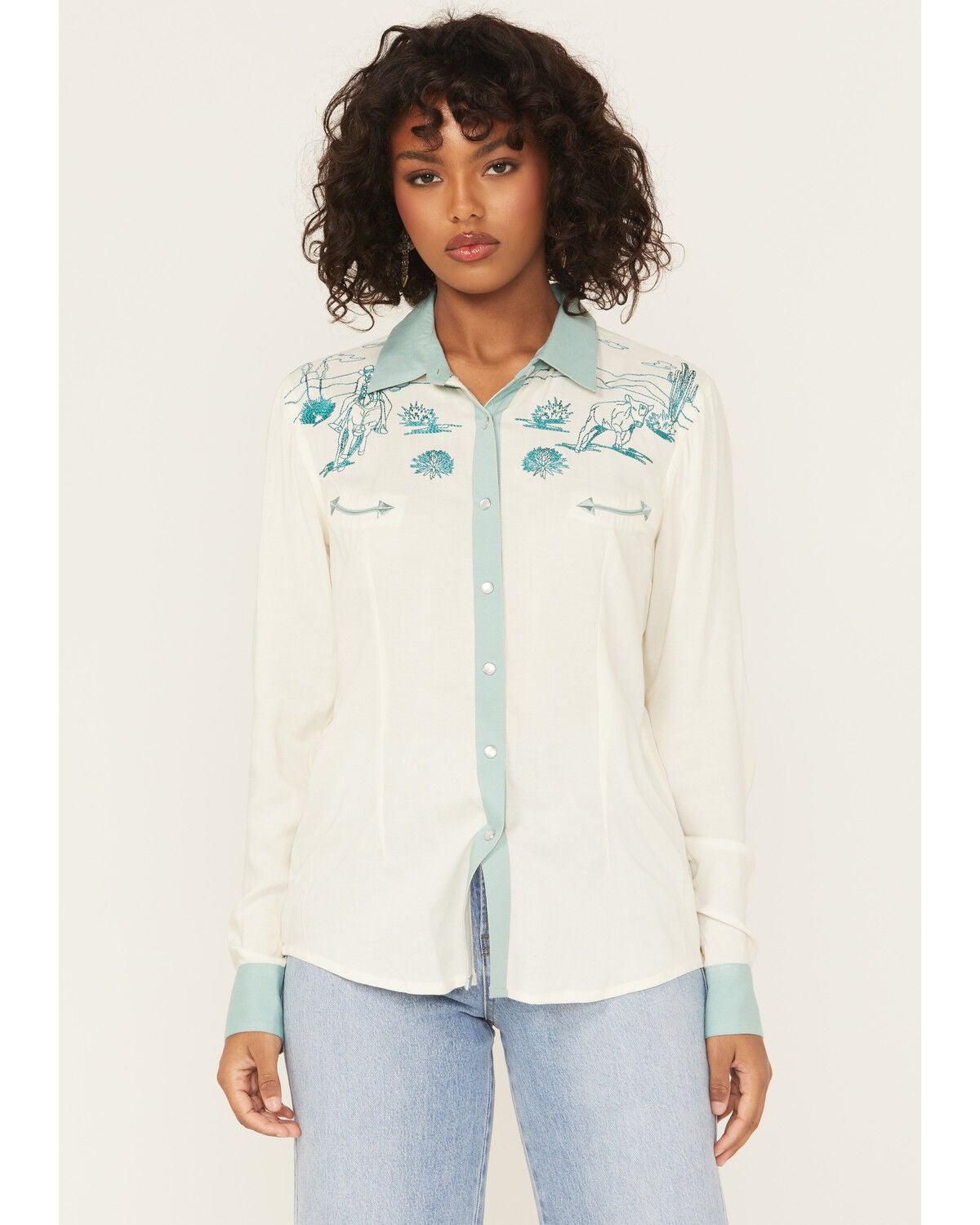 Women's Panhandle Retro Roping Cowgirl Embroidered Long Sleeve Pearl S