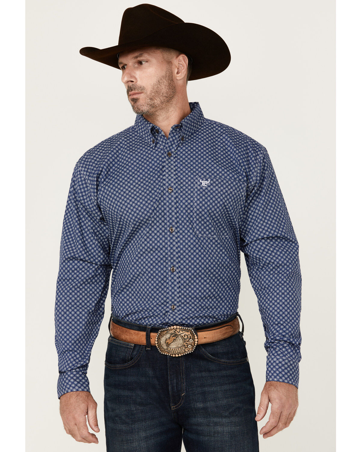 Men's Cowboy Hardware Cross Floral Print Long Sleeve Button-Down Stret