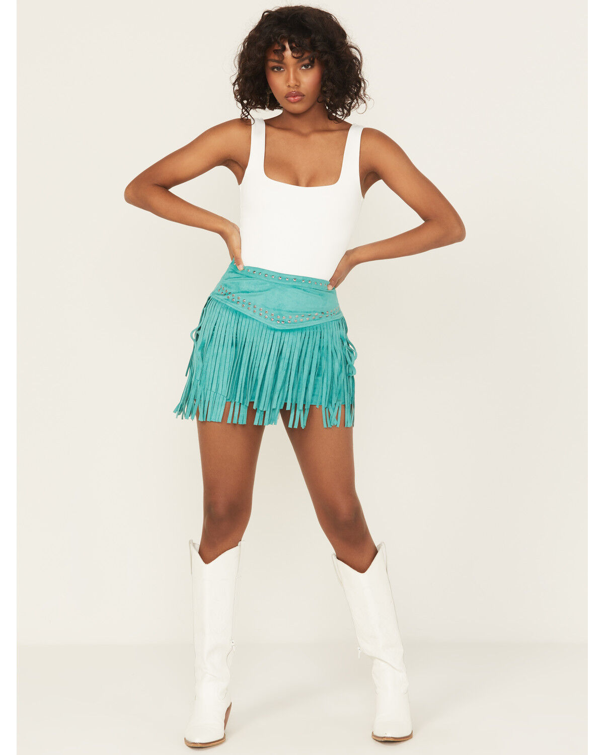 Women's Rock & Roll Denim Fringe Studded Faux Suede Mini Skirt