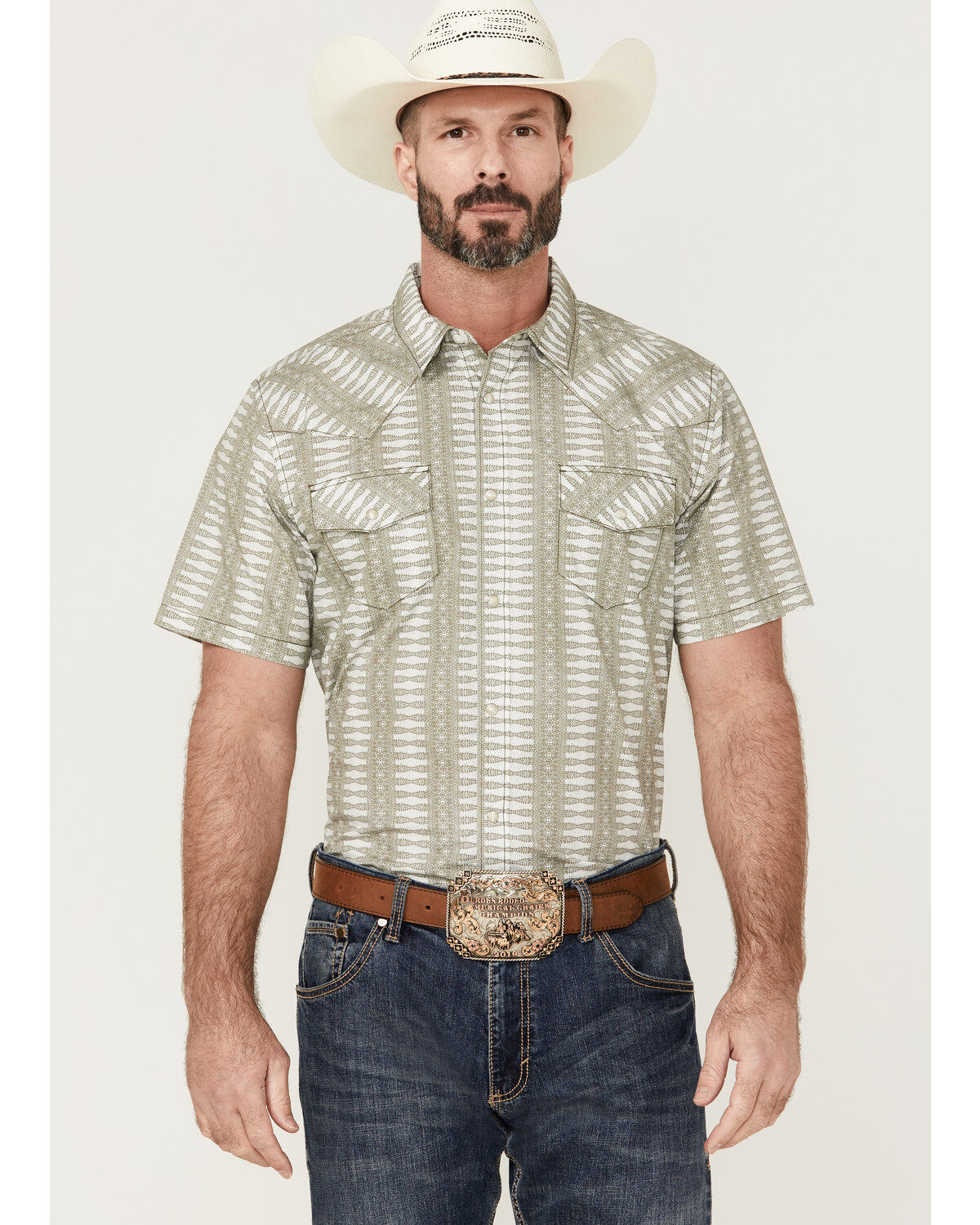 Men's Gibson Cream Southwestern Stripe Short Sleeve Pearl Snap Western