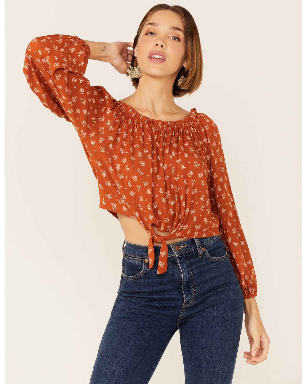 Women's Wild Moss Floral Off The Shoulder Tie-Front Top