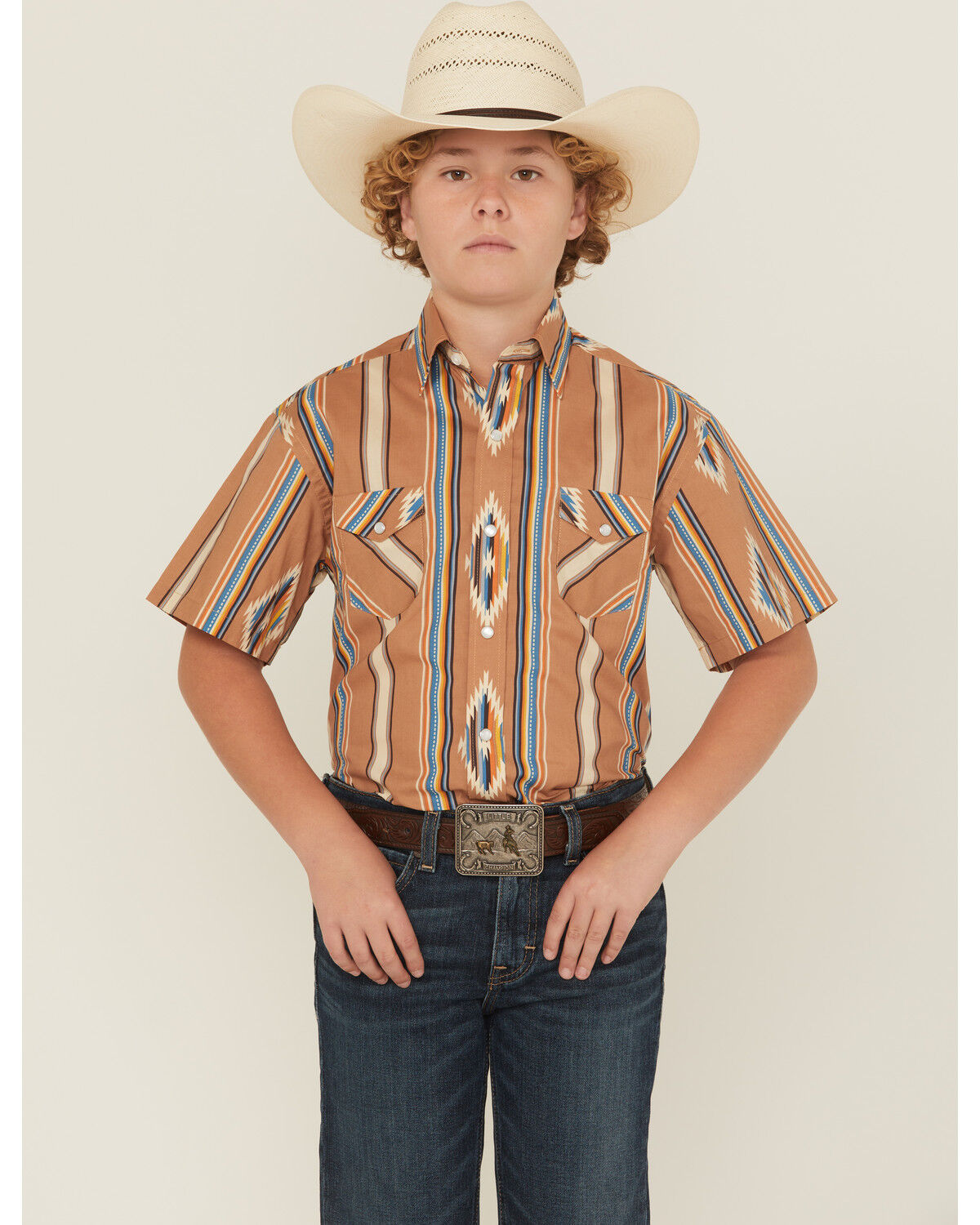 Boys' Panhandle Slim Southwestern Striped Print Short Sleeve Snap West