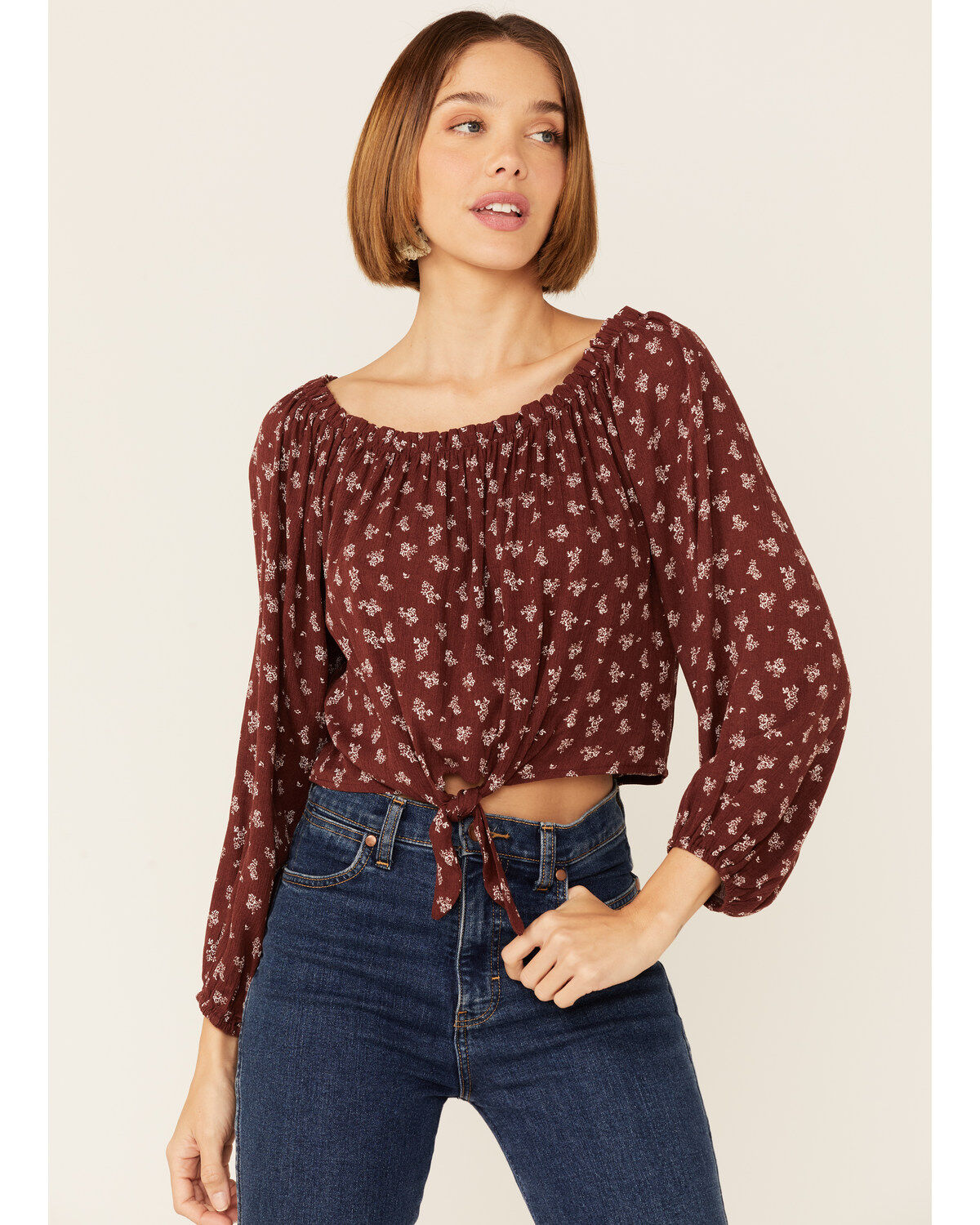 Women's Wild Moss Floral Cold Shoulder Tie-Front Top