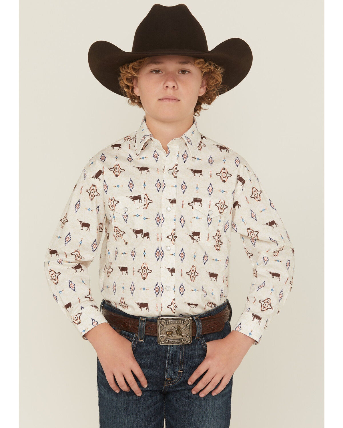 Boys' Panhandle Slim Novelty Steerhead Long Sleeve Snap Stretch Wester