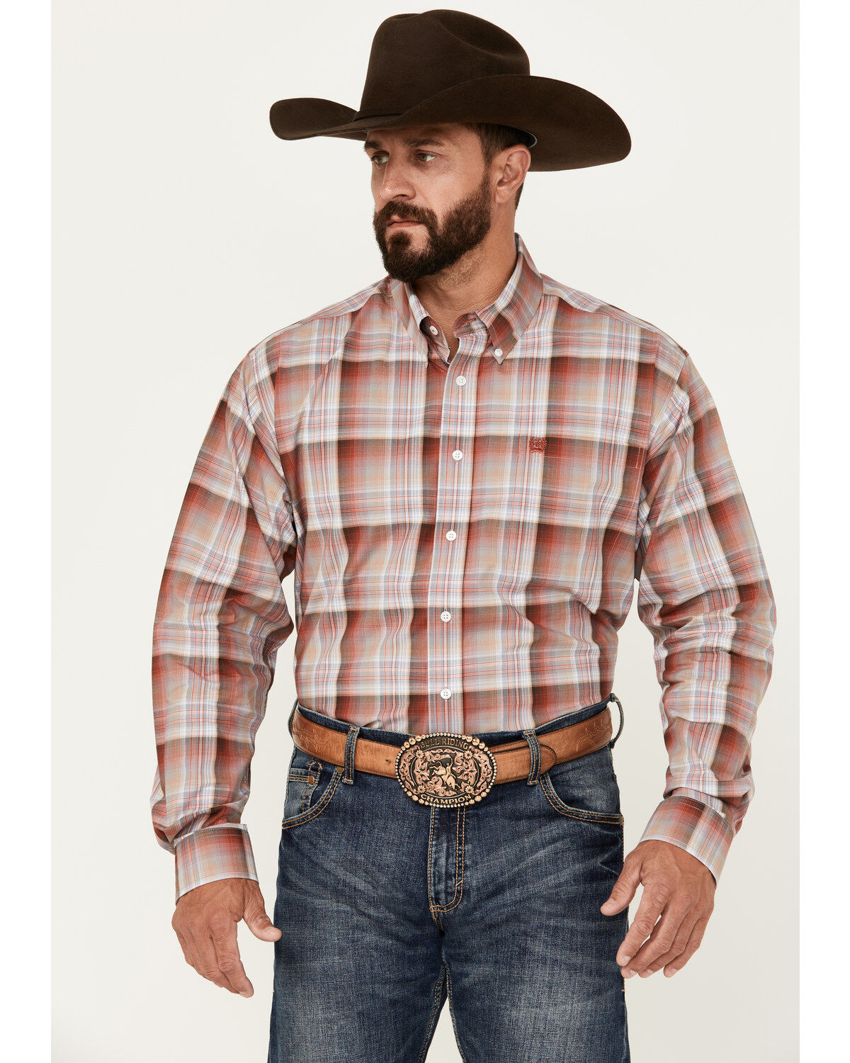 Men's Cinch Plaid Print Long Sleeve Button-Down Western Shirt