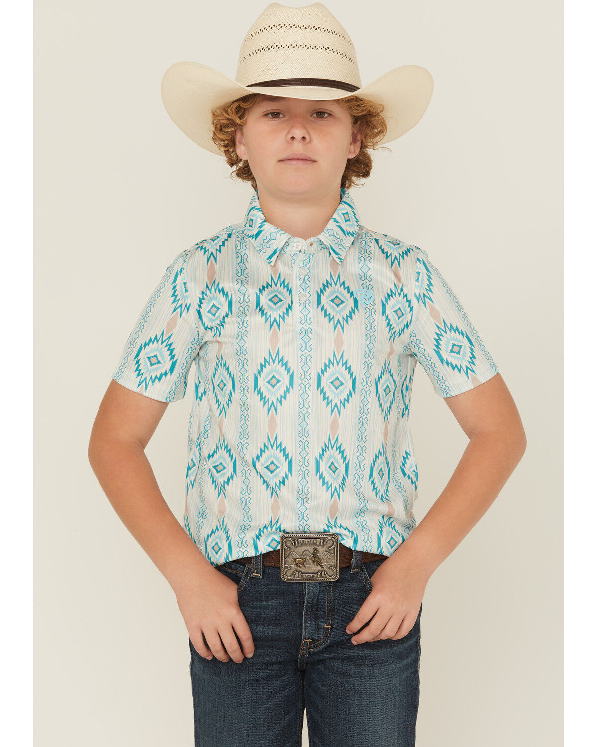 Boys' Rock & Roll Denim Southwestern Print Button-Down Polo Shirt