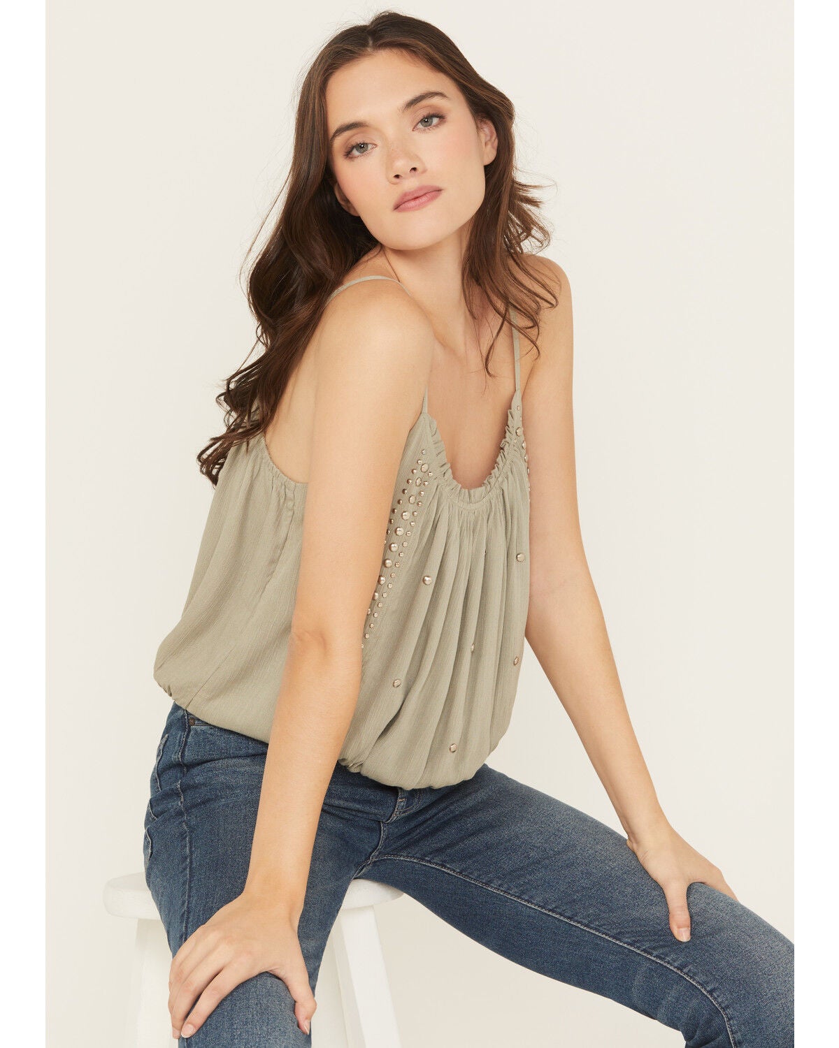 Women's Rock & Roll Denim Studded Elastic Hem Cami