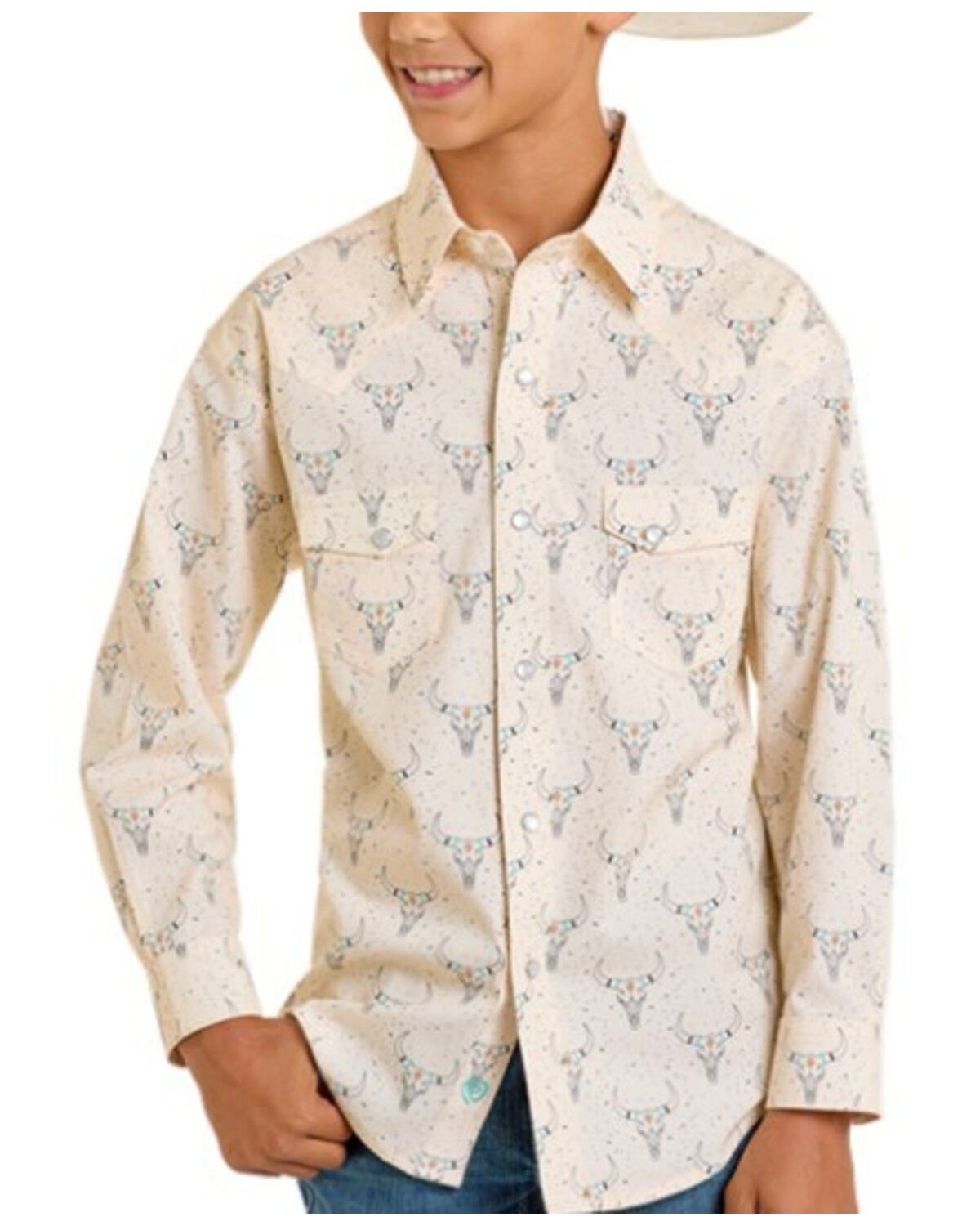 Boys' Rock & Roll Denim Longhorn Print Long Sleeve Snap Western Shirt