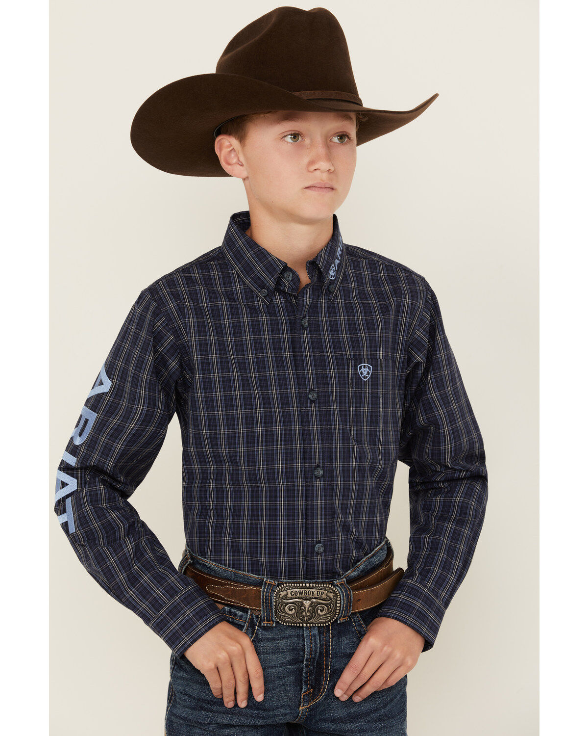 Boys' Ariat Team Plaid Print Long Sleeve Button-Down Western Shirt
