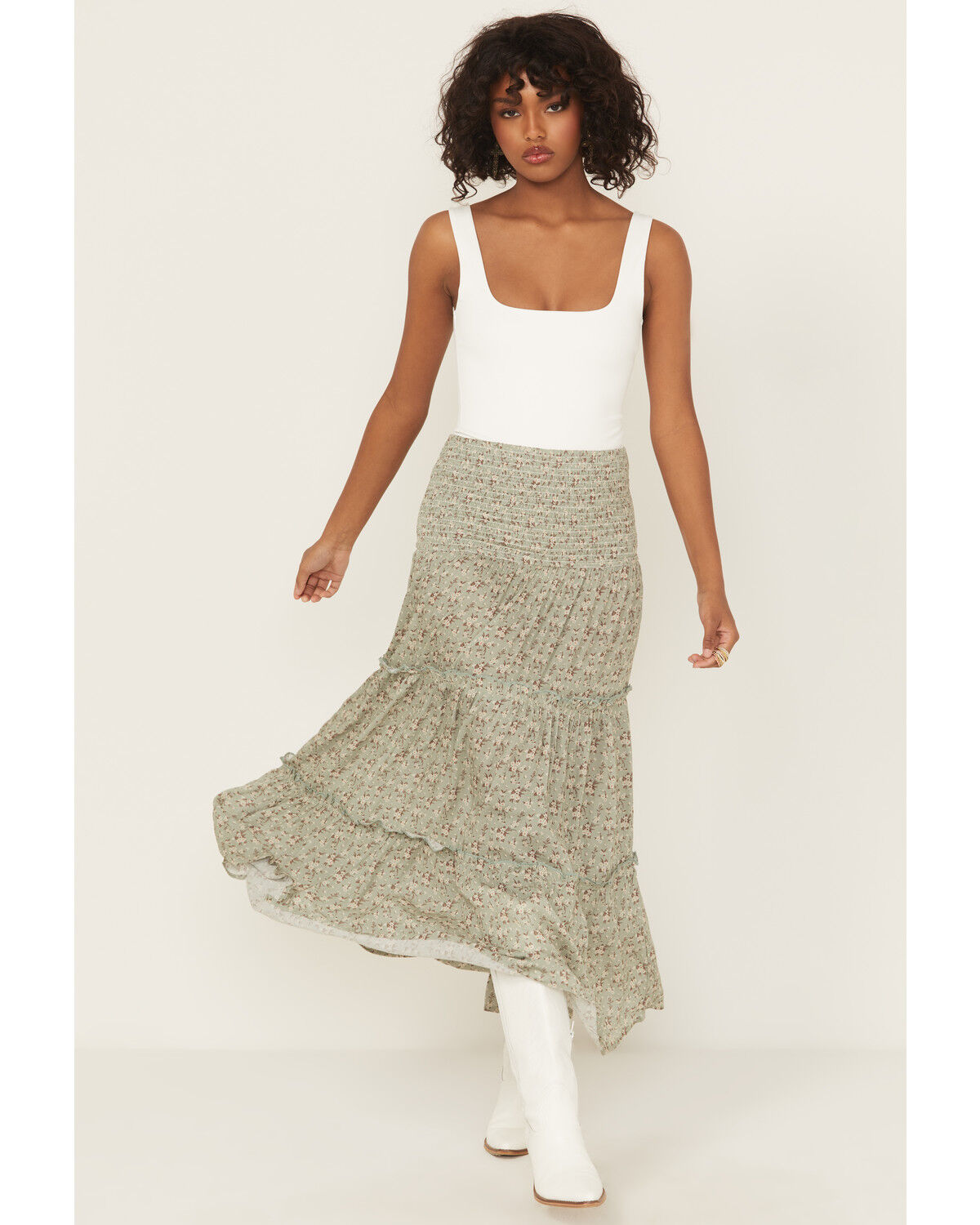 Women's Rock & Roll Denim Floral Print Tiered Maxi Skirt