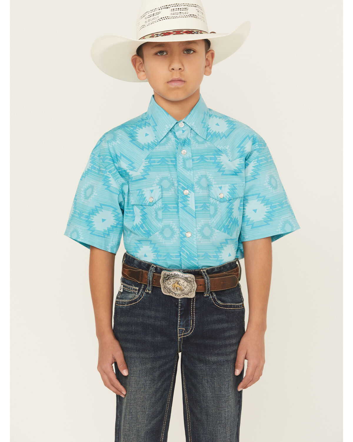 Boys' Rock & Roll Denim Southwestern Short Sleeve Snap Western Shirt