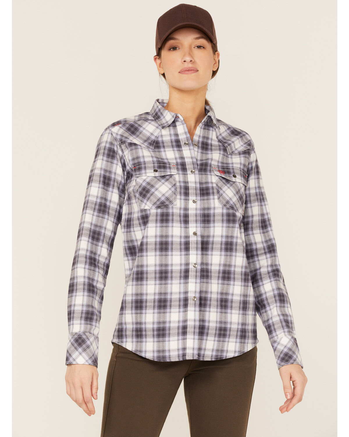 Women's Ariat FR Whitney Plaid Print Long Sleeve Pearl Snap Work Shirt