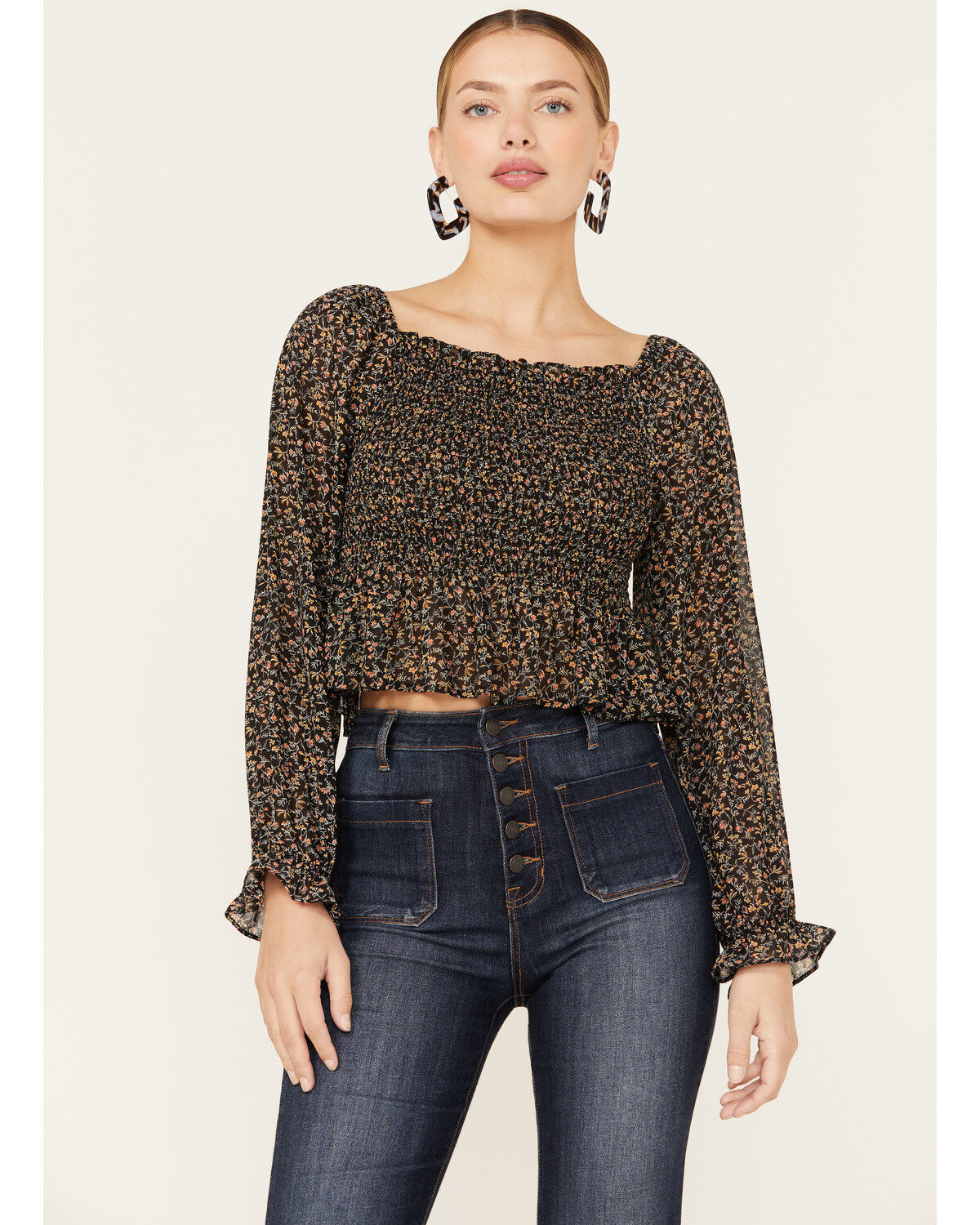 Women's Beyond The Radar Floral Smocked Off Shoulder Woven Long Sleeve