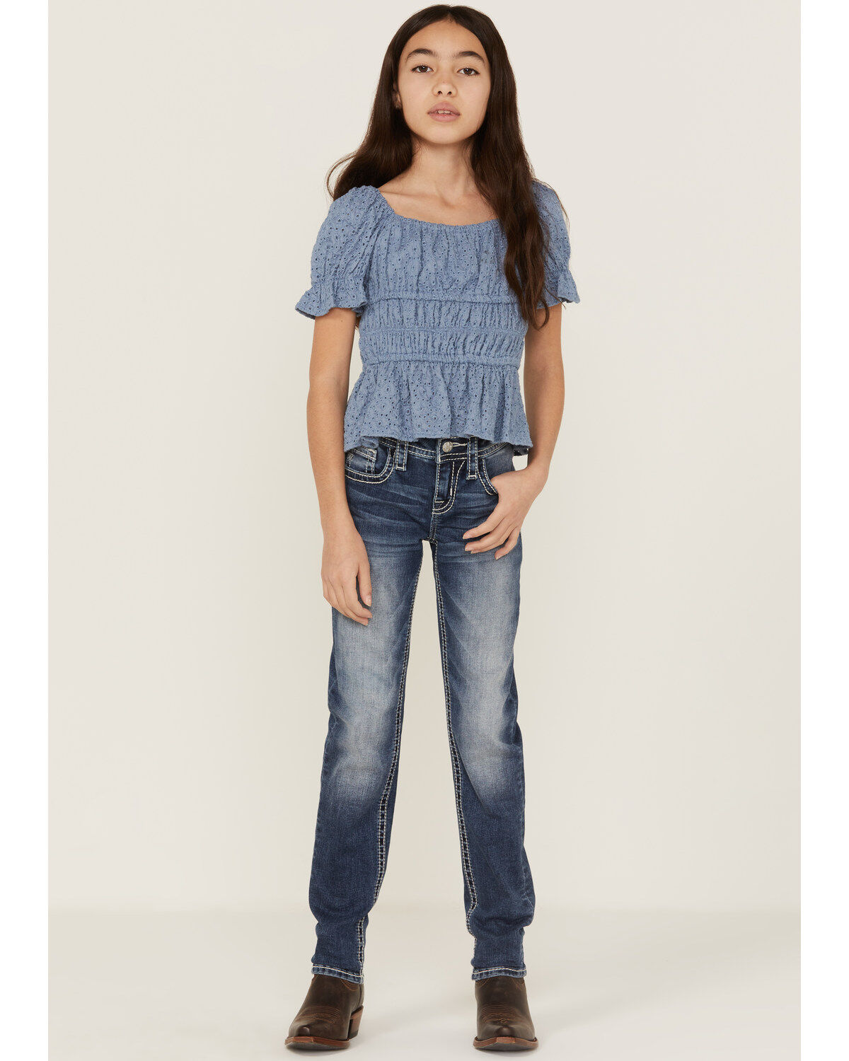 Girls' Miss Me Medium Wash Mid Rise Sequin Butterfly Skinny Jeans