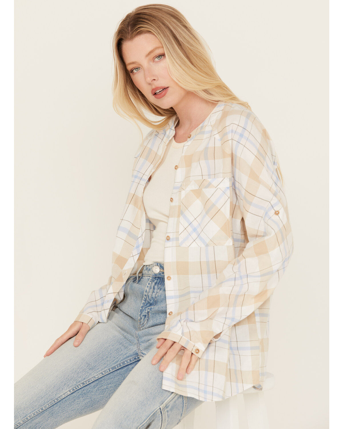 Women's Cleo + Wolf Oversized Plaid Print Button Up