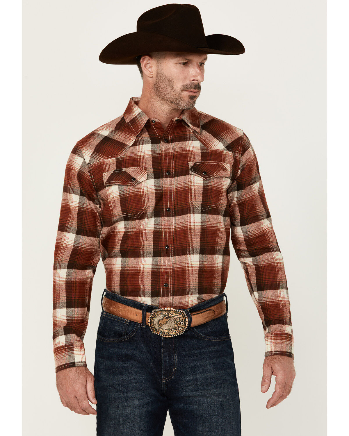 Men's Blue Ranchwear Finney Plaid Print Long Sleeve Snap Western Shirt