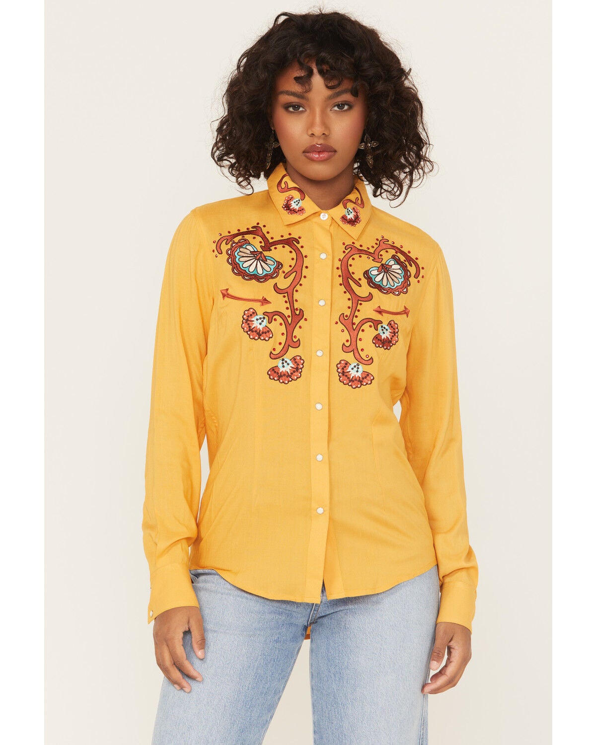 Women's Panhandle Retro Rhinestone Embroidered Long Sleeve Snap Wester
