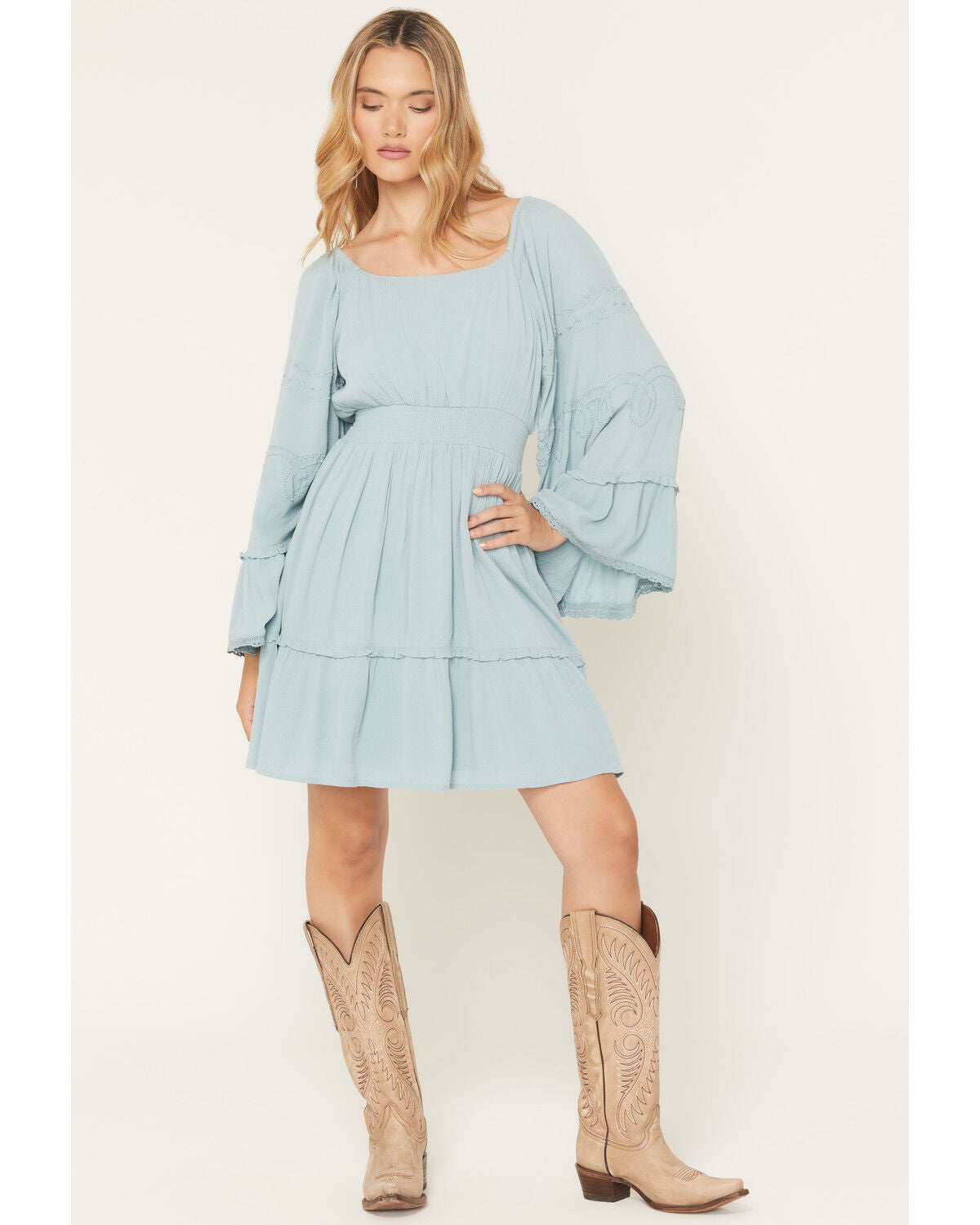 Shyanne Highlands Women’s Aqua Mini Dress with Embroidery – Long Bell Sleeves, Smocked Waist, Tiered Skirt, Size Small