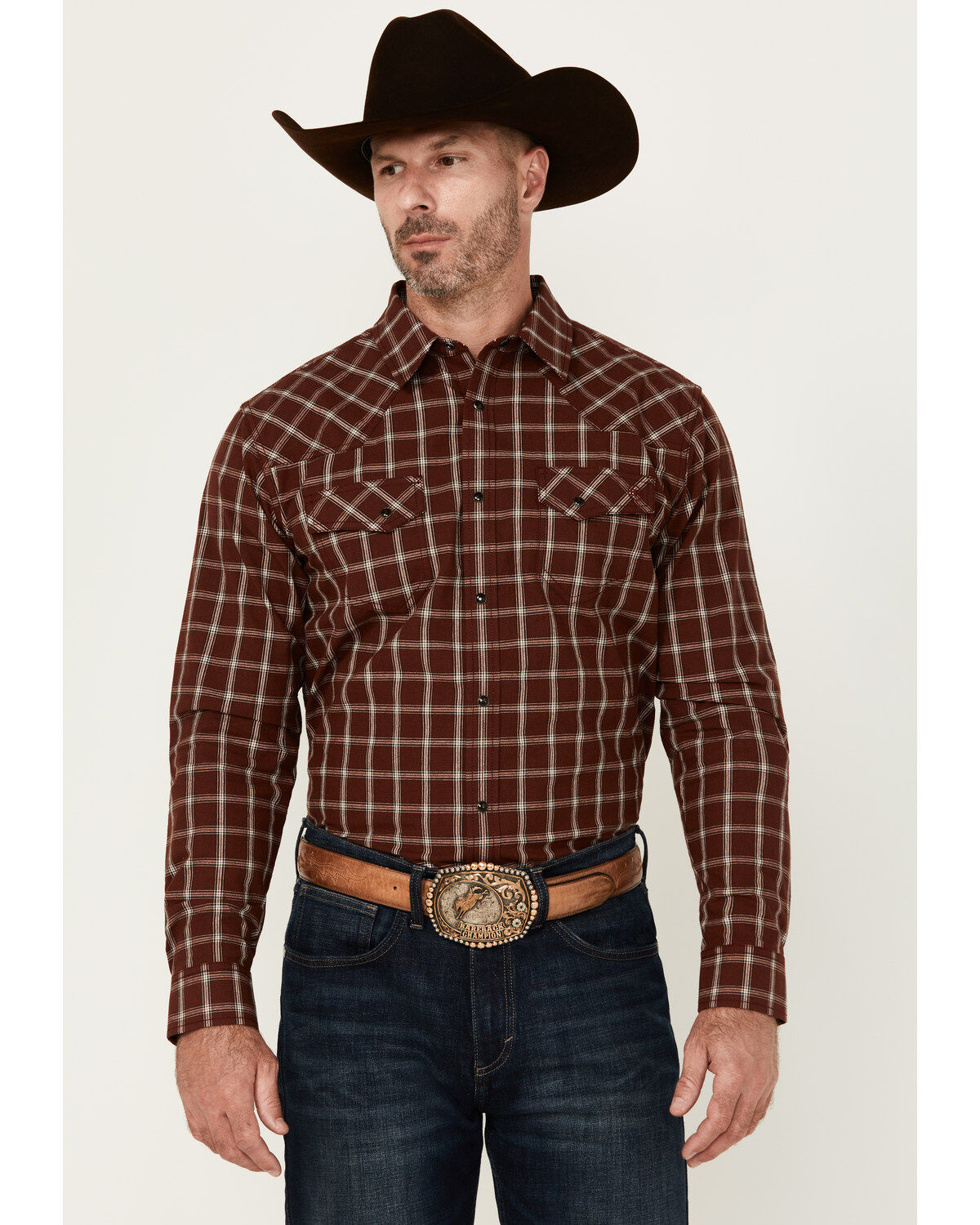 Men's Blue Ranchwear Elk Plaid Print Long Sleeve Snap Western Shirt