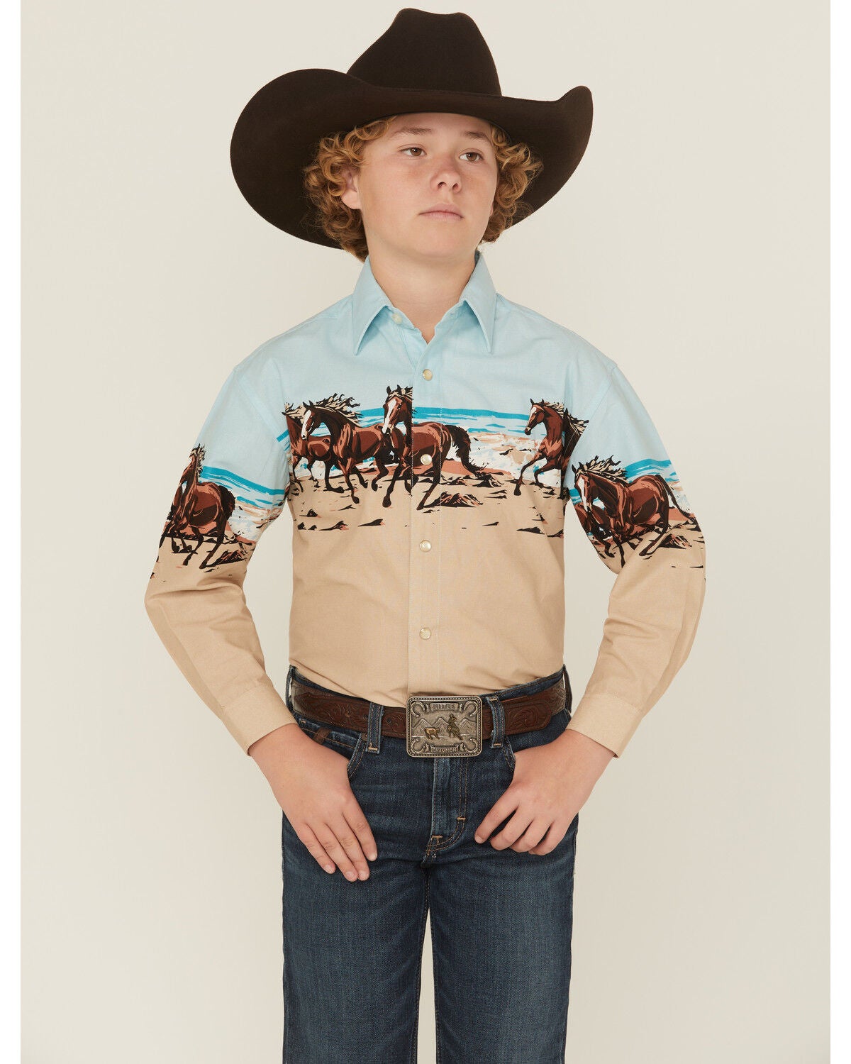 Boys' Panhandle Slim Horses And Beach Border Long Sleeve Snap Western