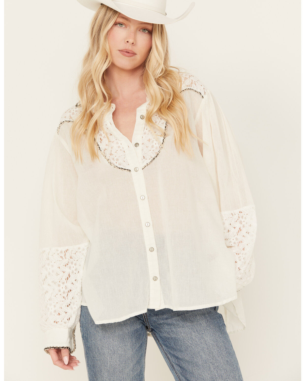 Women's POL Lace Yoke Long Sleeve Button Down Shirt