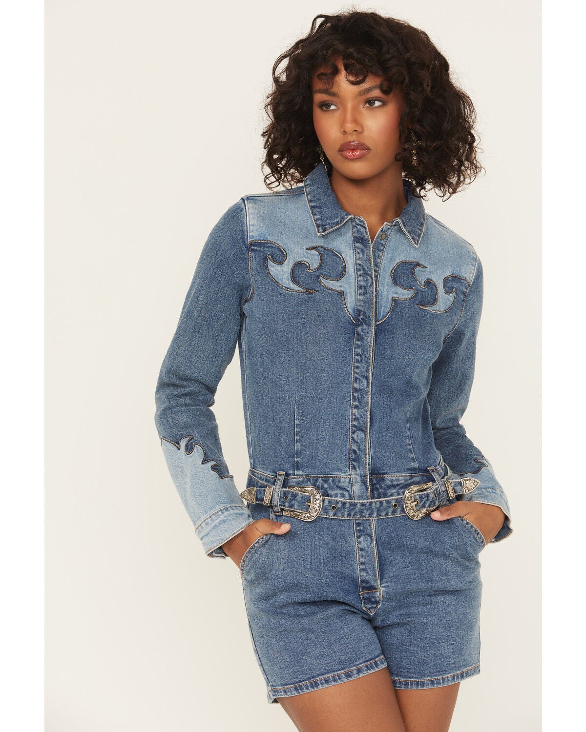 Women's Rock & Roll Denim Medium Wash Long Sleeve Snap Stretch Denim R