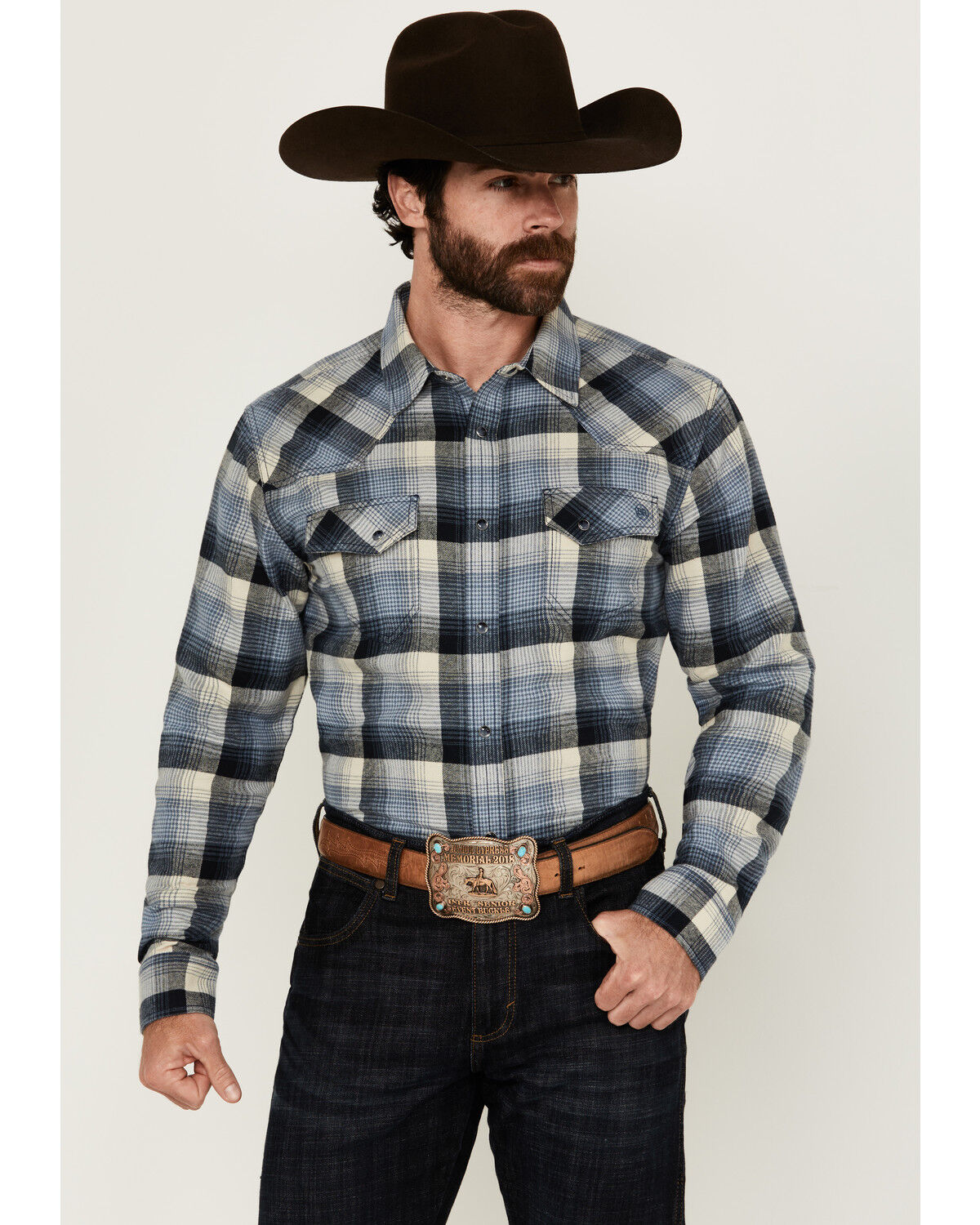 Men's Blue Ranchwear Finney Plaid Print Long Sleeve Snap Western Shirt