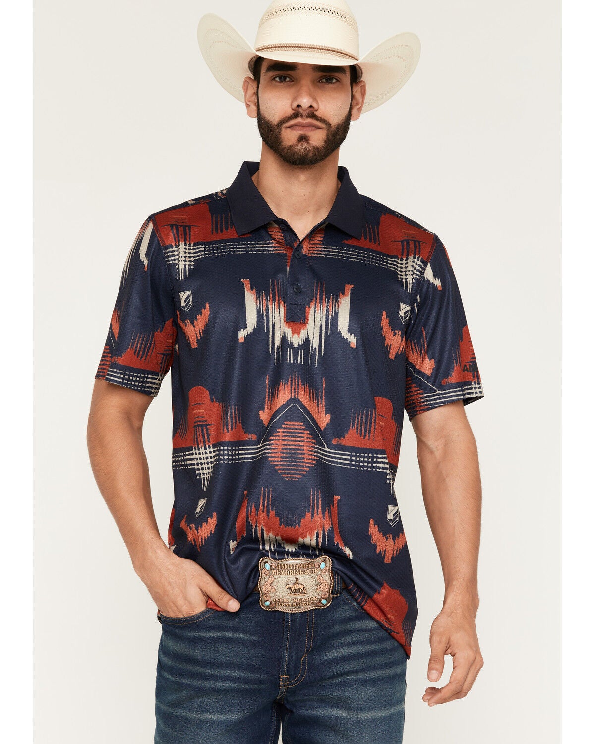 Men's RANK 45 Hokey Southwestern Print Short Sleeve Button-Down Polo