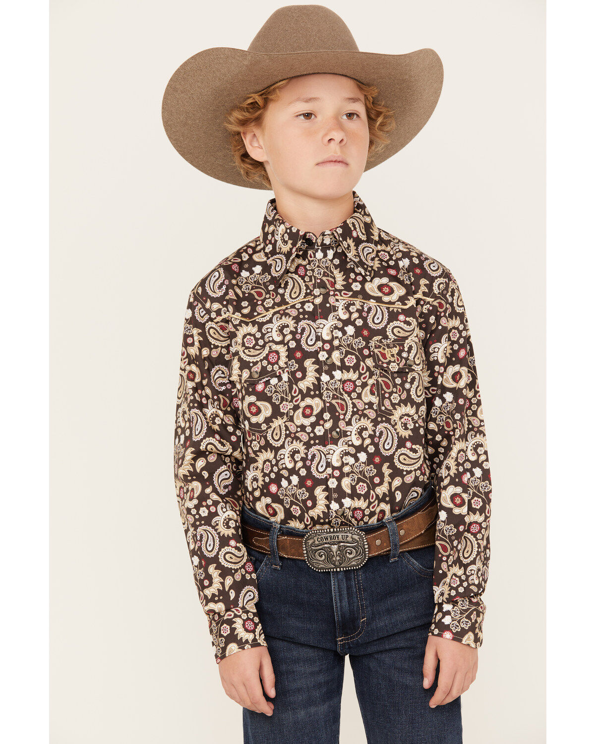 Boys' Cowboy Hardware Mixed Paisley Print Long Sleeve Snap Western Shi